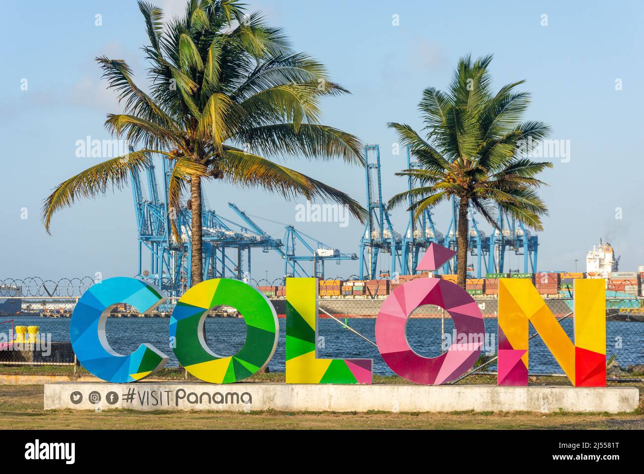 Colon sign and harbour, Colon, Colon Province, Republic of Panama Stock Photo