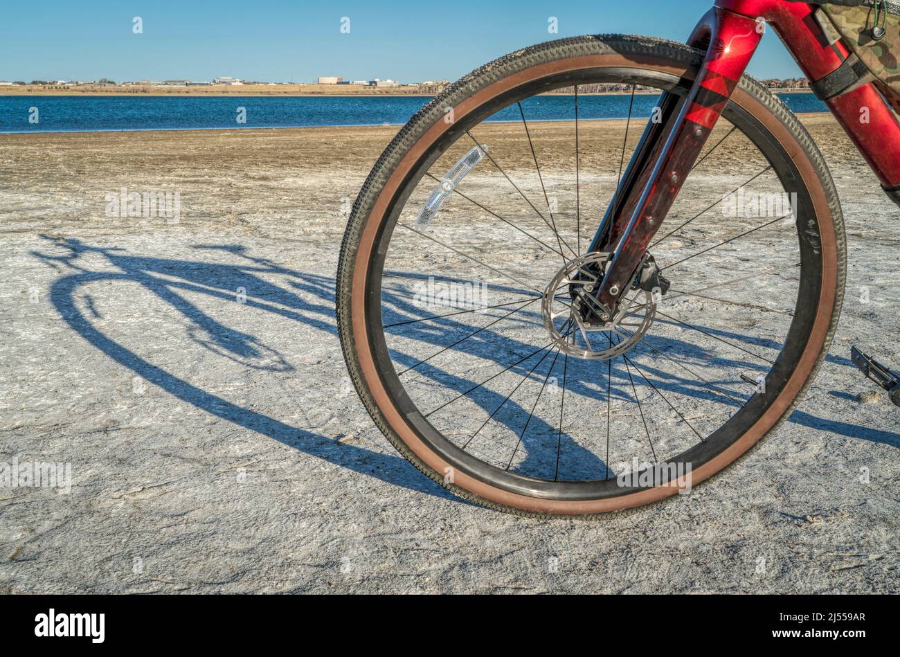 front wheel of lightweight gravel or touring bike with a carbon frame
