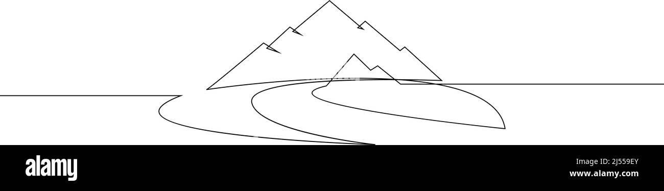 Mountain landscape with river. Minimalistic continuous one line drawing. Travel graphics. Vector illustration. Black on white Stock Vector