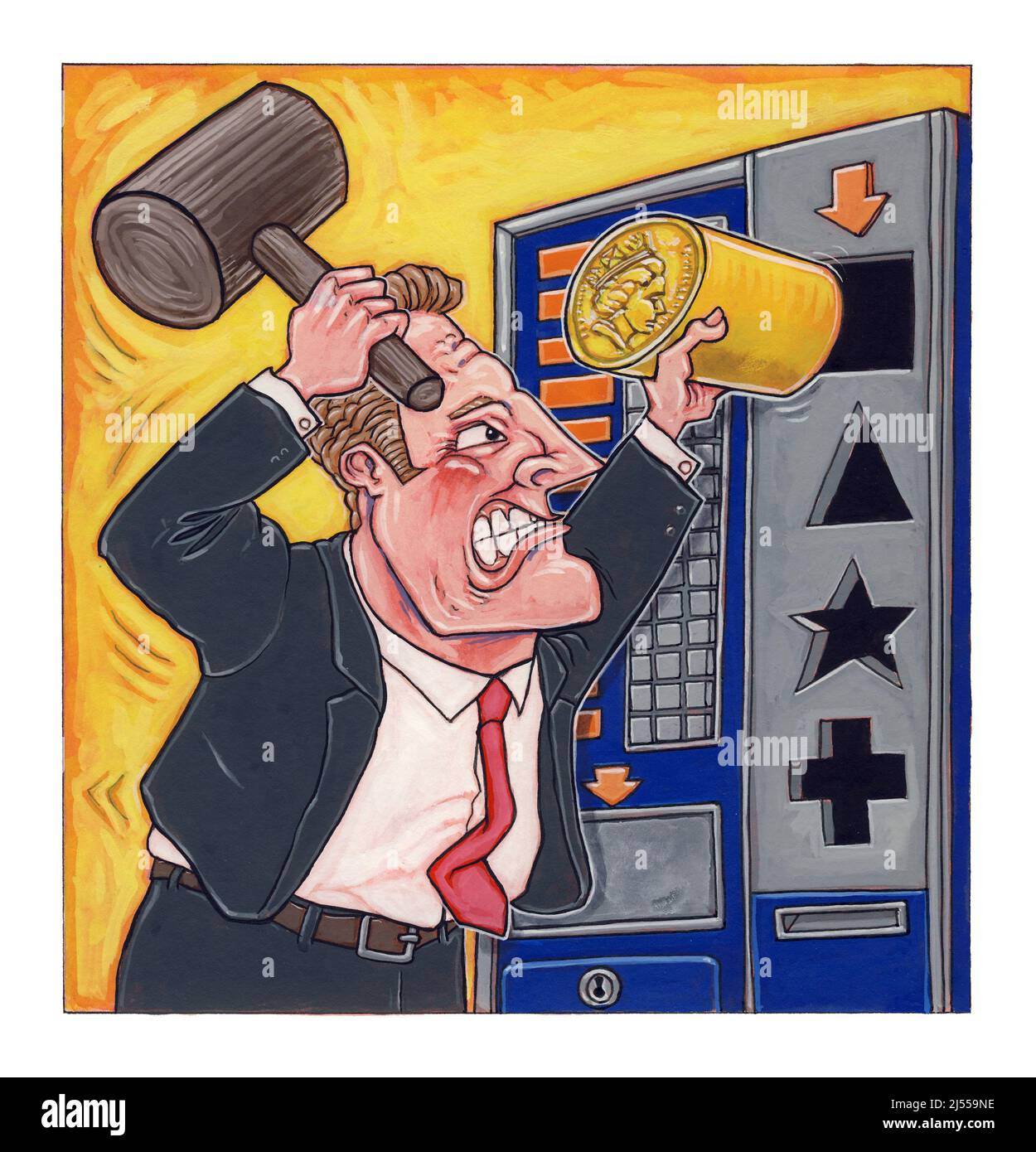 Concept art: man hammering a round peg into a square hole, illustrating popular saying of not fitting in Or issue of fake currency in vending machines Stock Photo