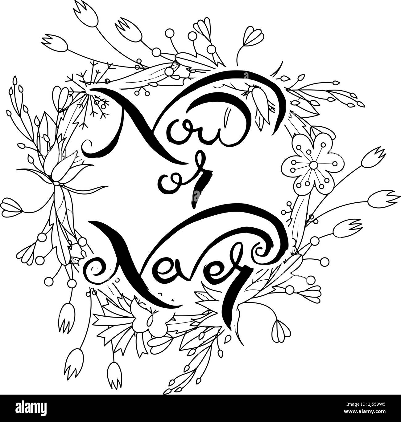 Now Or Never. Hand lettering grunge card with flower background ...