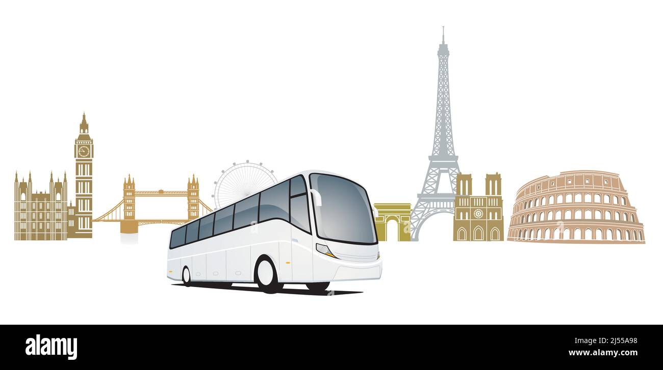 Bus travel to European cities illustration Stock Vector
