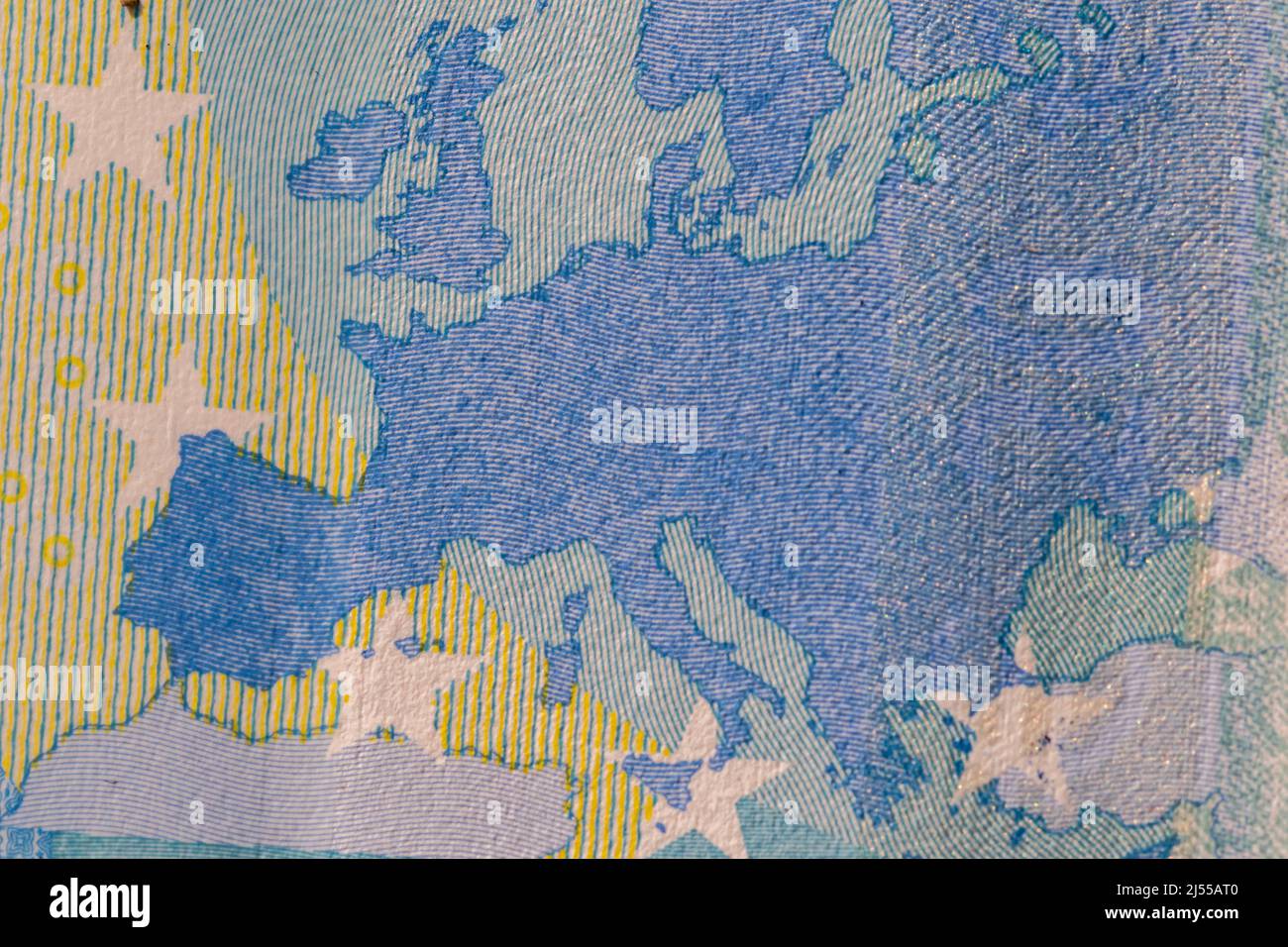 Close-up shot of Europe's map displayed on Euro banknote Stock Photo