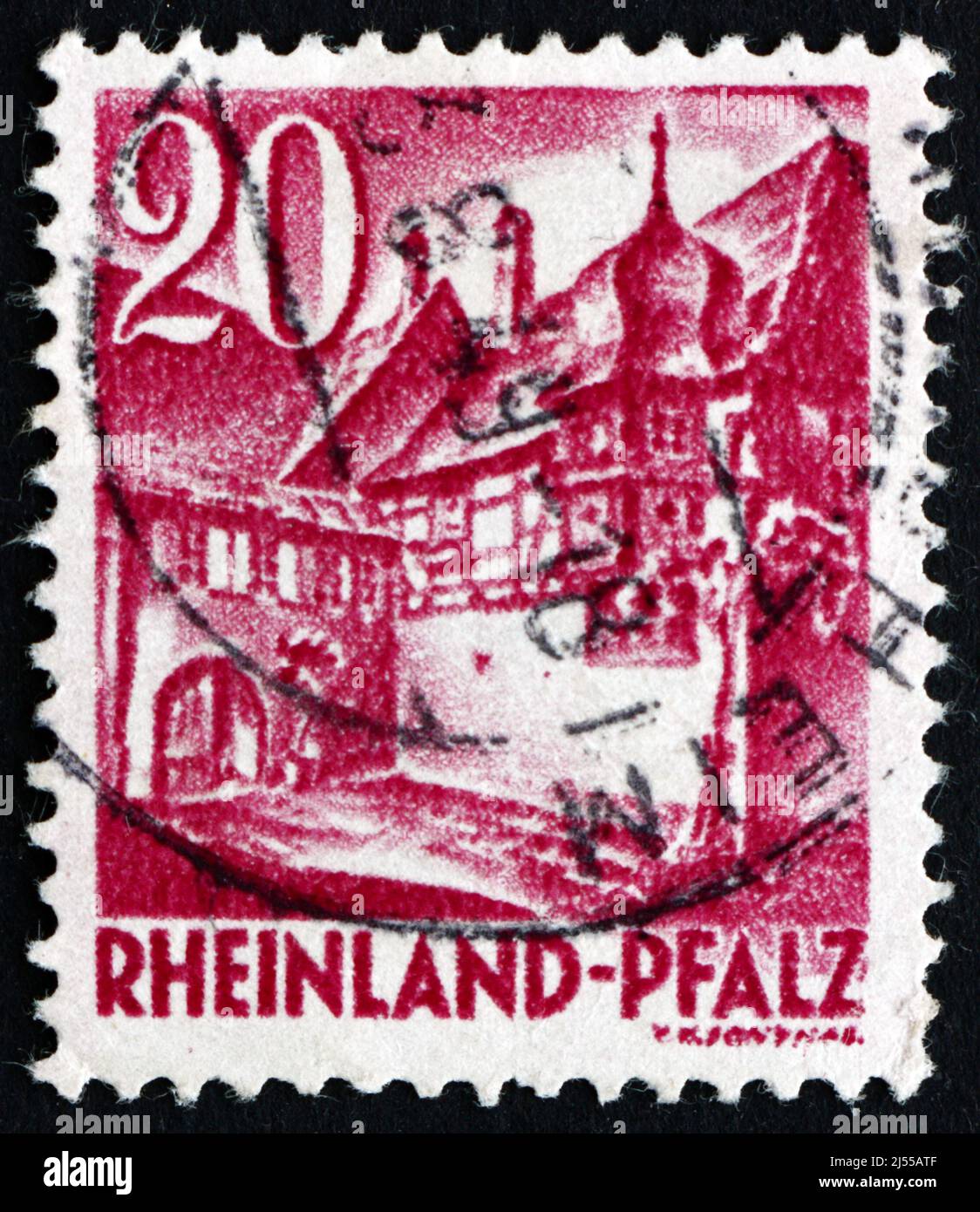 GERMANY - CIRCA 1948: a stamp printed in the Rhine Palatinate, Germany shows Street Corner, St. Martin, circa 1948 Stock Photo