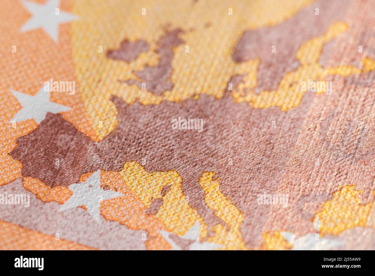 Close-up shot of Europe's map displayed on Euro banknote Stock Photo