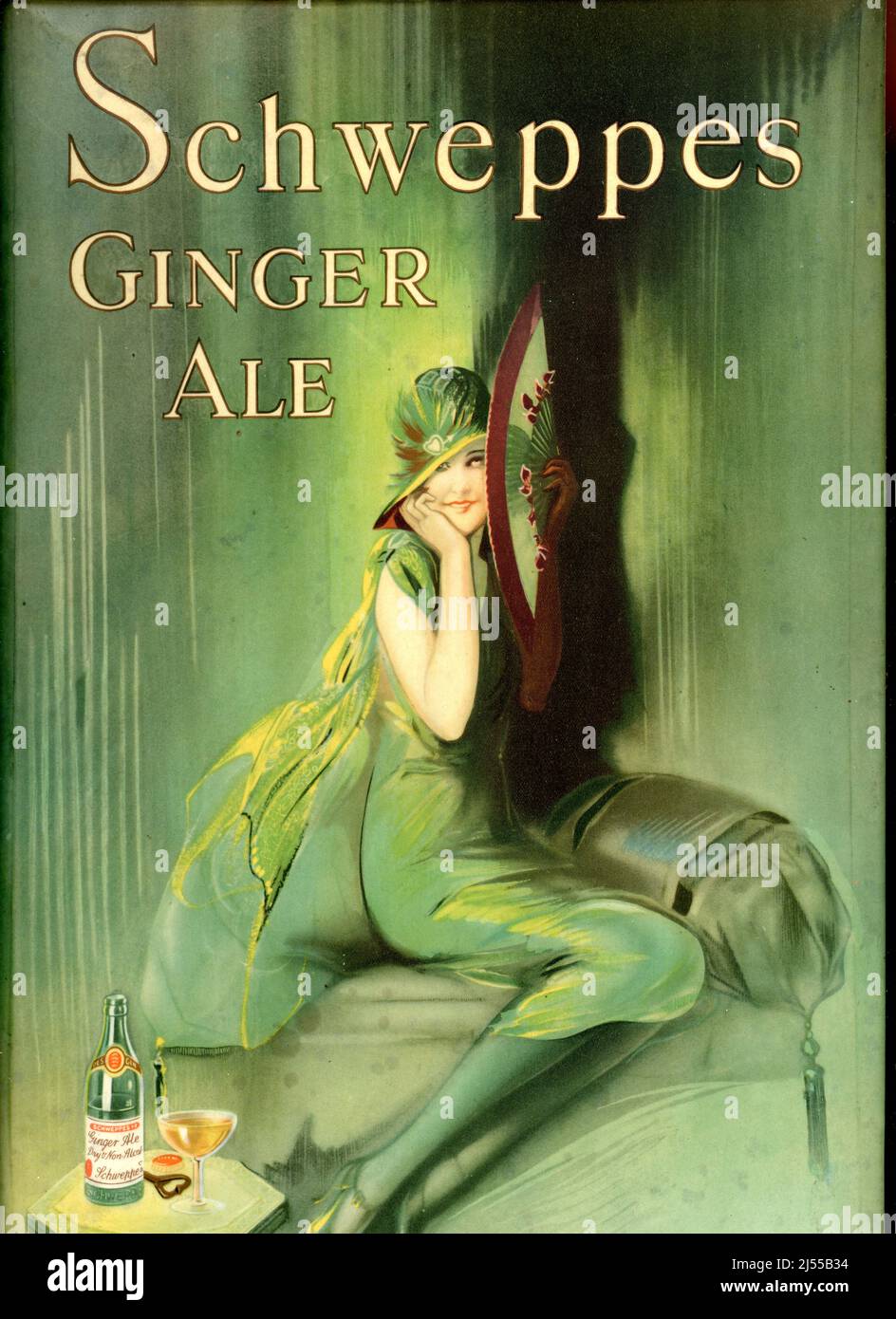 Original cardboard Schweppes Ginger Ale advert to stand on a pub bar top - the illustration is of a beautiful stylish young woman in a green flapper style dress, wearing a cloche style hat. Ginger beer is often used as a mixer and is a non-alcoholic fizzy drink. circa 1920's U.K Stock Photo