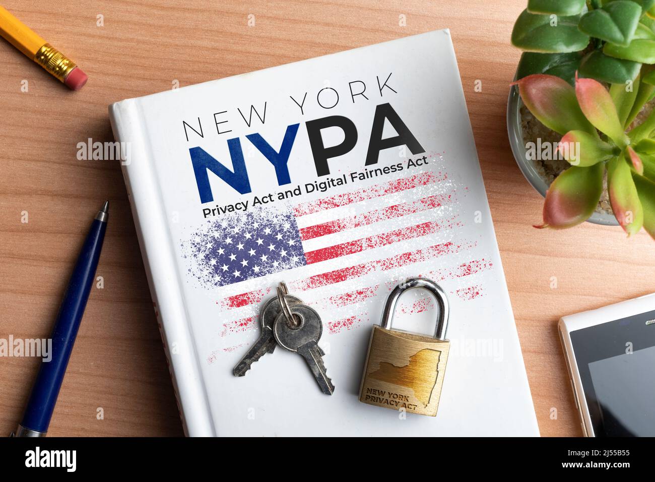 NYPA (new york privacy act) concept: book cover with a lock and some keys and text for the New York Privacy Act and the Digital Fairness Act Stock Photo