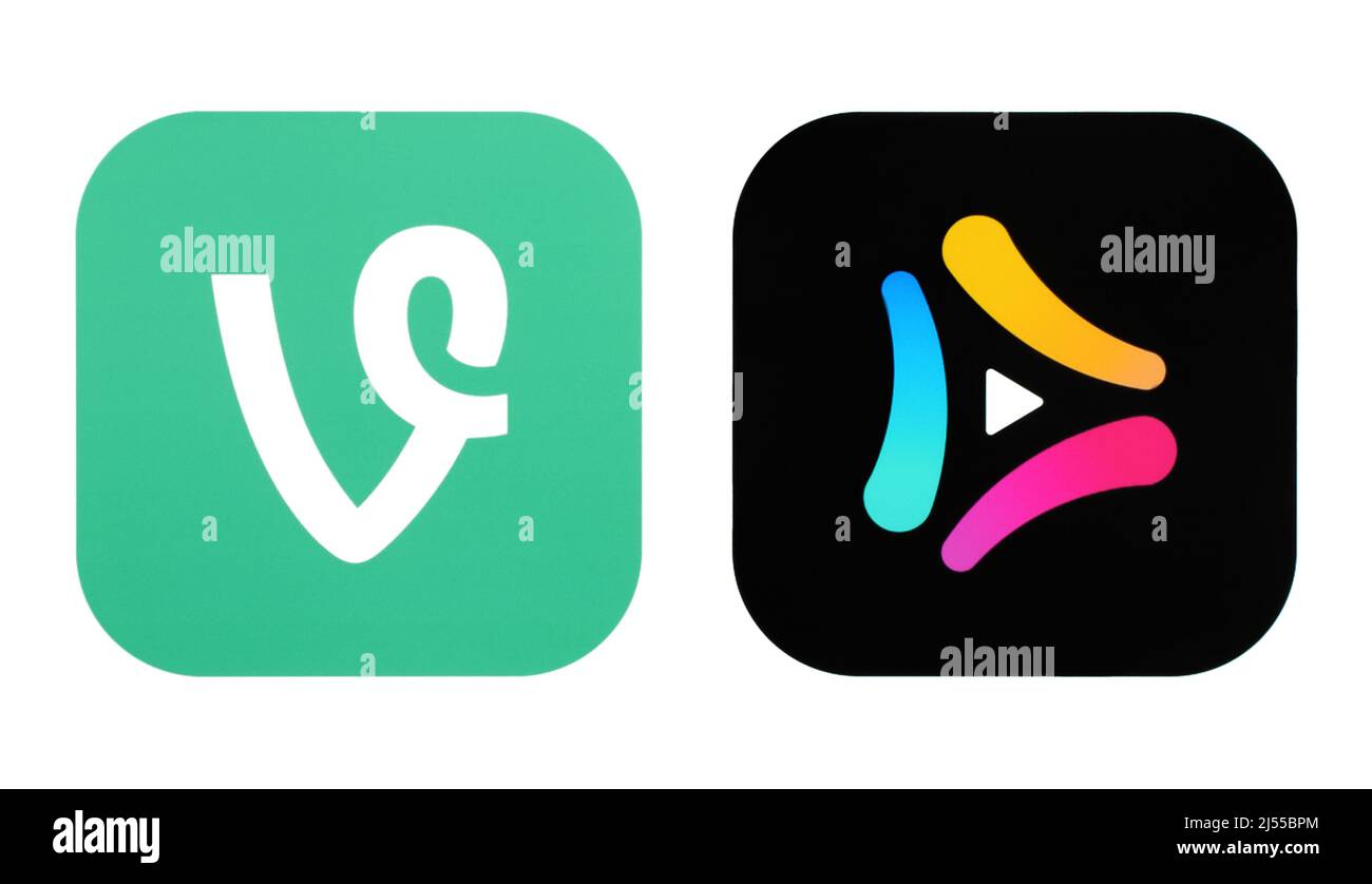 Kiev, Ukraine - February 08, 2022: Clash and Vine Mobile Apps logos, printed on white paper. Clash is an American social networking short-form video h Stock Photo