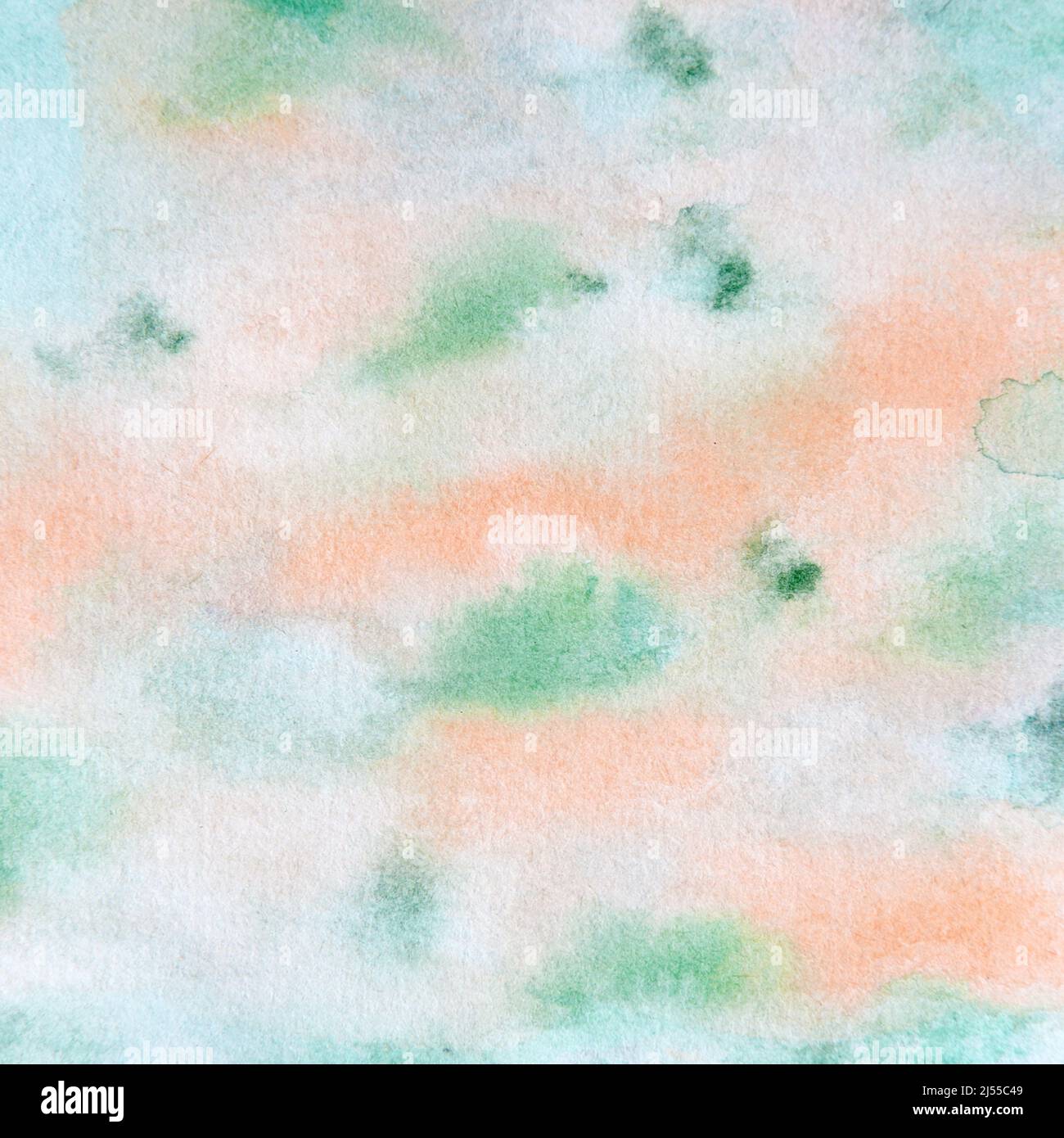 Watercolor background green coral peach a handpainted design element with paint textures. Stock Photo