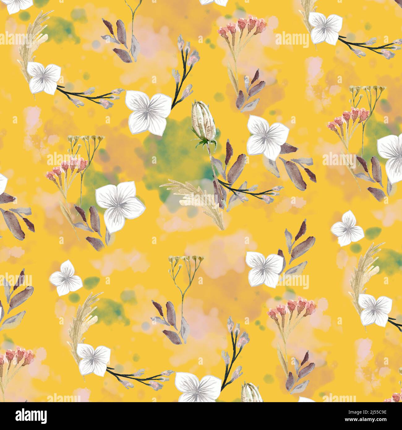 Watercolor floral boho pattern saffron yellow background in this pretty and cheery flower pattern design element. Stock Photo