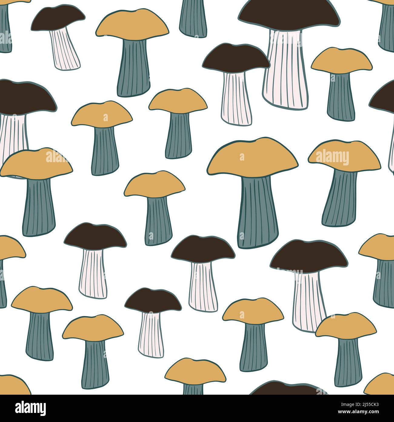 Seamless pattern with mushrooms. Background of forest autumn vegetable in doodle style. Repeated design texture for printing, fabric, wrapping, wallpa Stock Vector