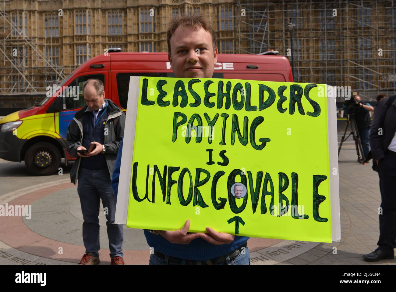 London, England, UK. 20th Apr, 2022. Leaseholders held a protest in front of the Houses of Parliament, urging the government to protect tenants from having to pay to remove unsafe cladding as the Building Safety Act returns to the House of Commons. (Credit Image: © Thomas Krych/ZUMA Press Wire) Stock Photo