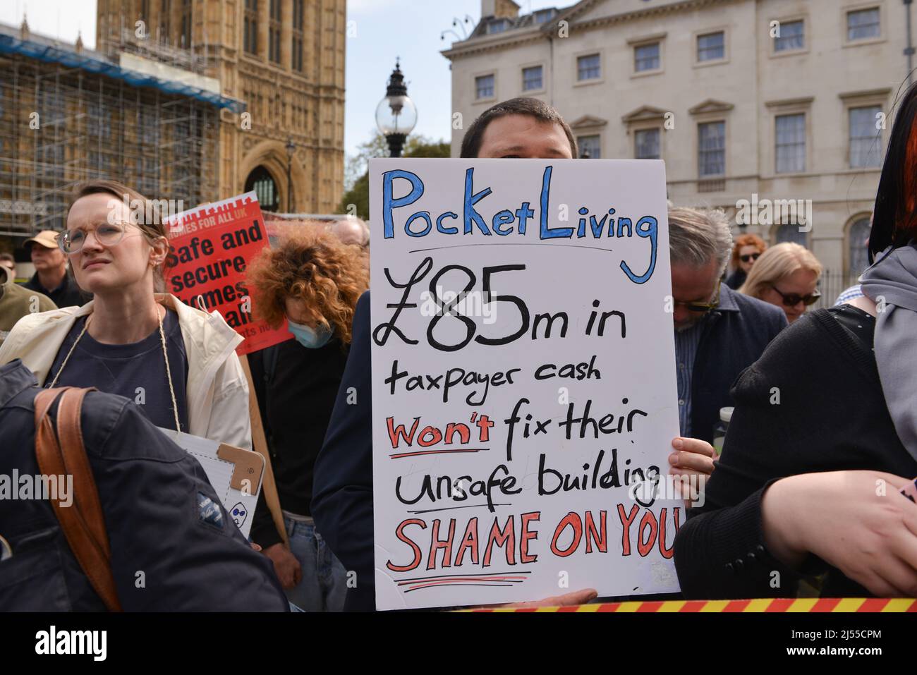 London, England, UK. 20th Apr, 2022. Leaseholders held a protest in front of the Houses of Parliament, urging the government to protect tenants from having to pay to remove unsafe cladding as the Building Safety Act returns to the House of Commons. (Credit Image: © Thomas Krych/ZUMA Press Wire) Stock Photo