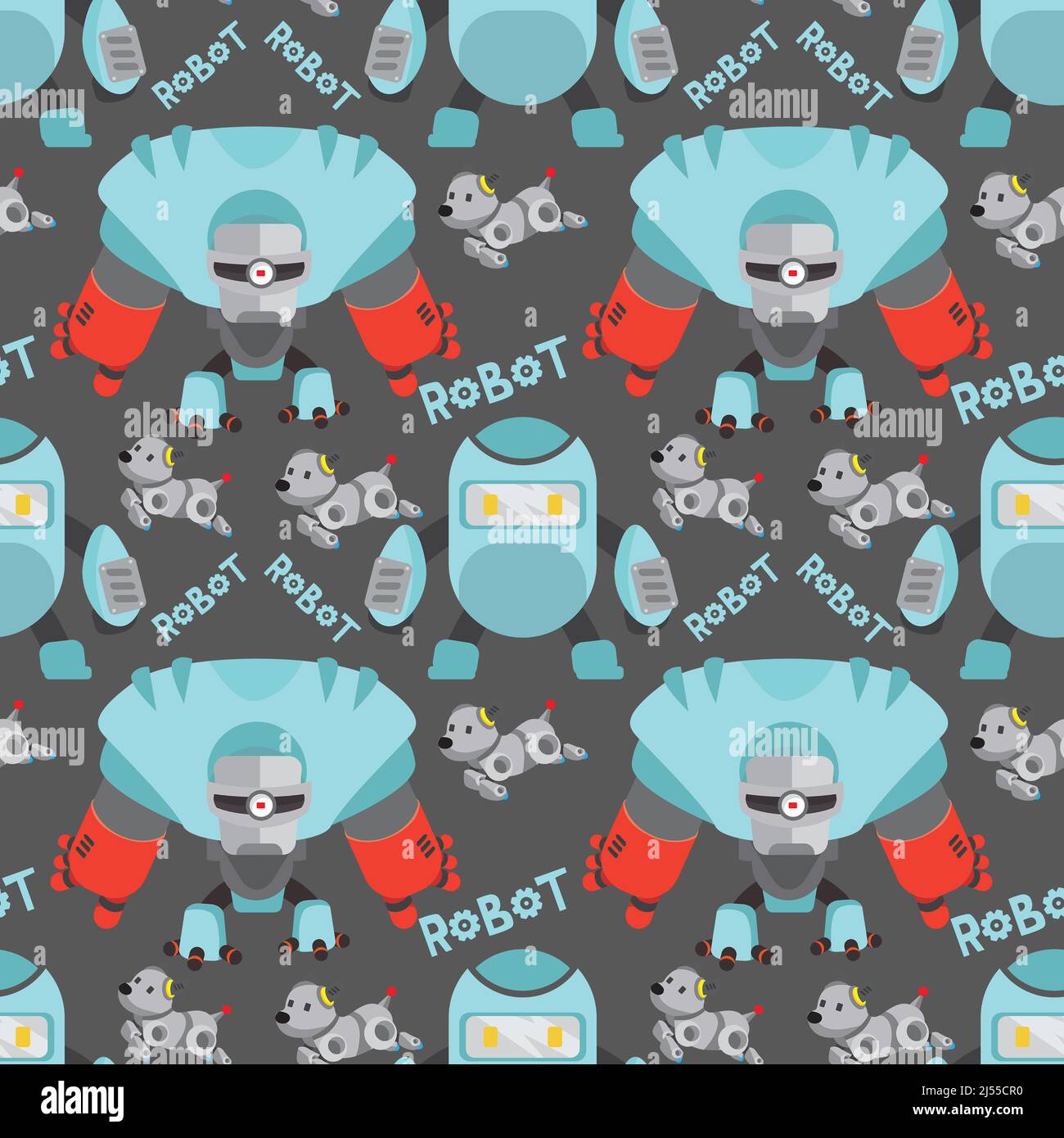 Aqua robot seamless pattern with puppy gray background design element. Stock Photo