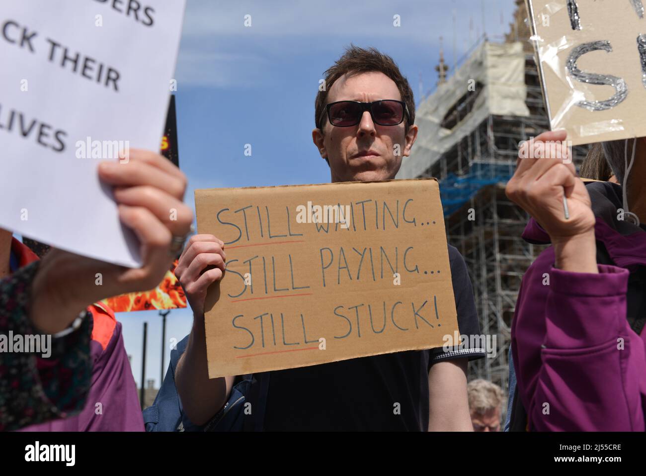 London, England, UK. 20th Apr, 2022. Leaseholders held a protest in front of the Houses of Parliament, urging the government to protect tenants from having to pay to remove unsafe cladding as the Building Safety Act returns to the House of Commons. (Credit Image: © Thomas Krych/ZUMA Press Wire) Stock Photo