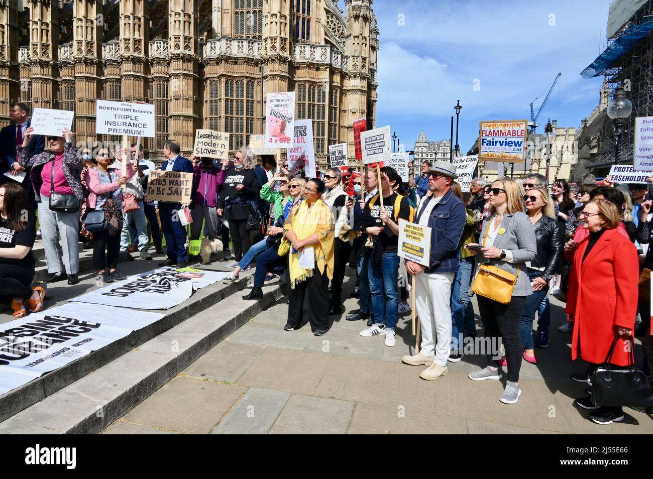 London, UK. Leaseholders and tenants gathered outside Parliament to demonstrate while the Building Safety Bill was debated in the House of Commons today. MPs from all the main political parties attended to speak and affirm their support. Stock Photo