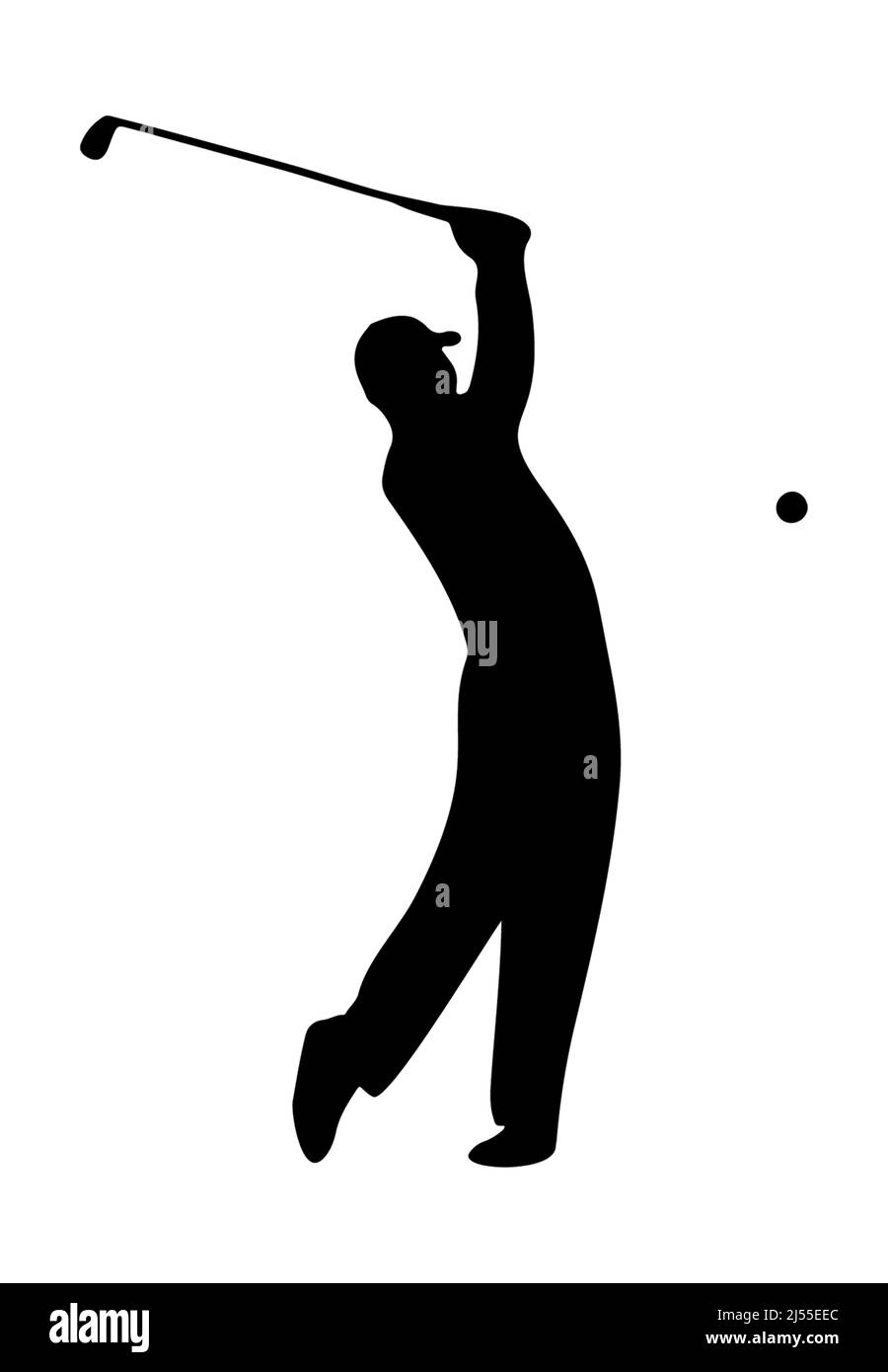 Golfing guy swinging at a golf ball silhouette graphic on a white background for this popular sport. Stock Photo