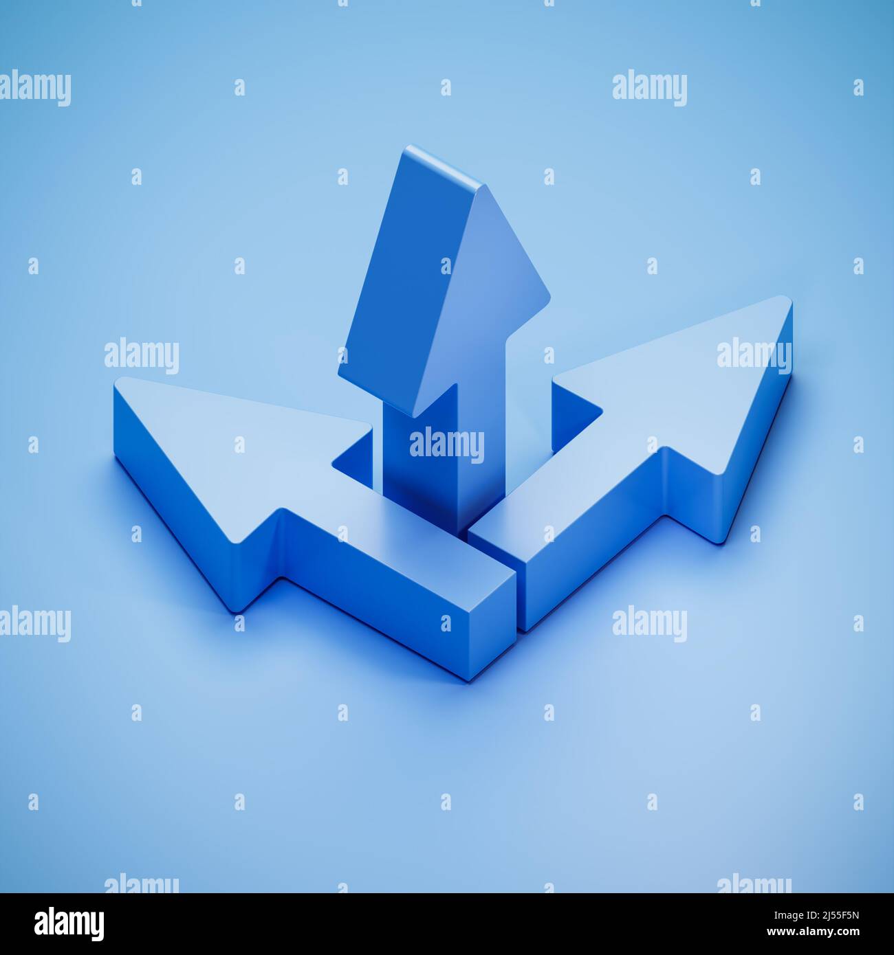 Blue arrows pointing into three different directions. Confusion, direction, irritation concept. Stock Photo