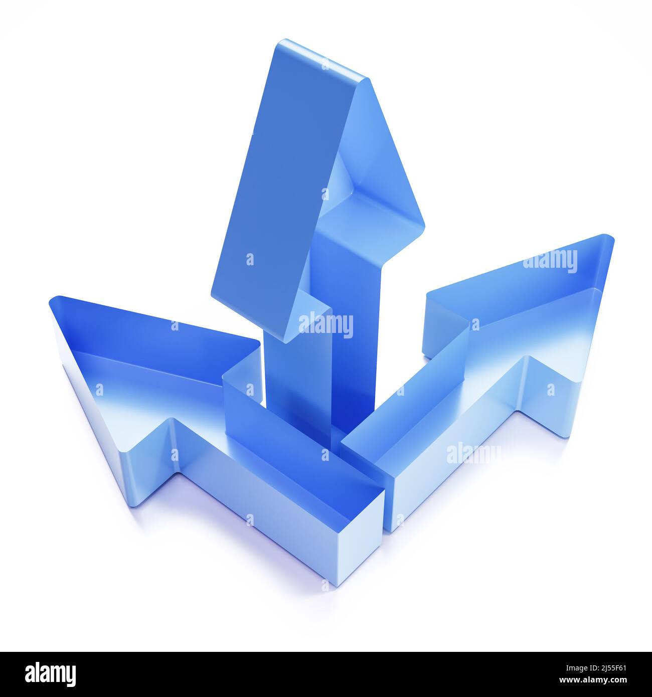 Blue hollow arrows pointing into three different directions. Confusion, direction, irritation concept. Isolated on white Stock Photo