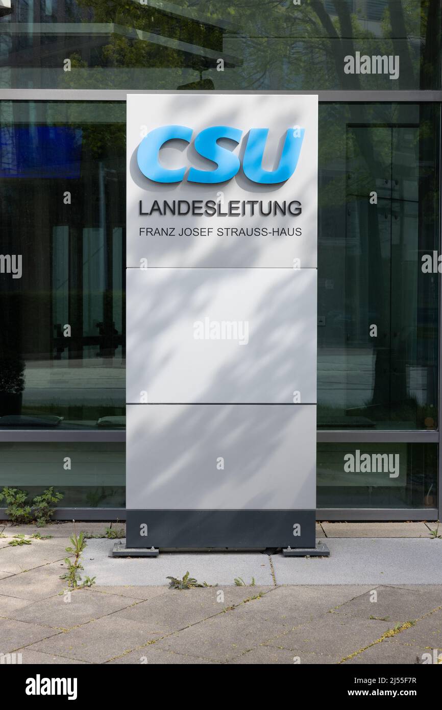 Munich, GERMANY - April 19, 2022: Signpost of the Bavarian political party CSU at the entrance of the 'Franz-Josef-Strauss' building in Munich, the he Stock Photo