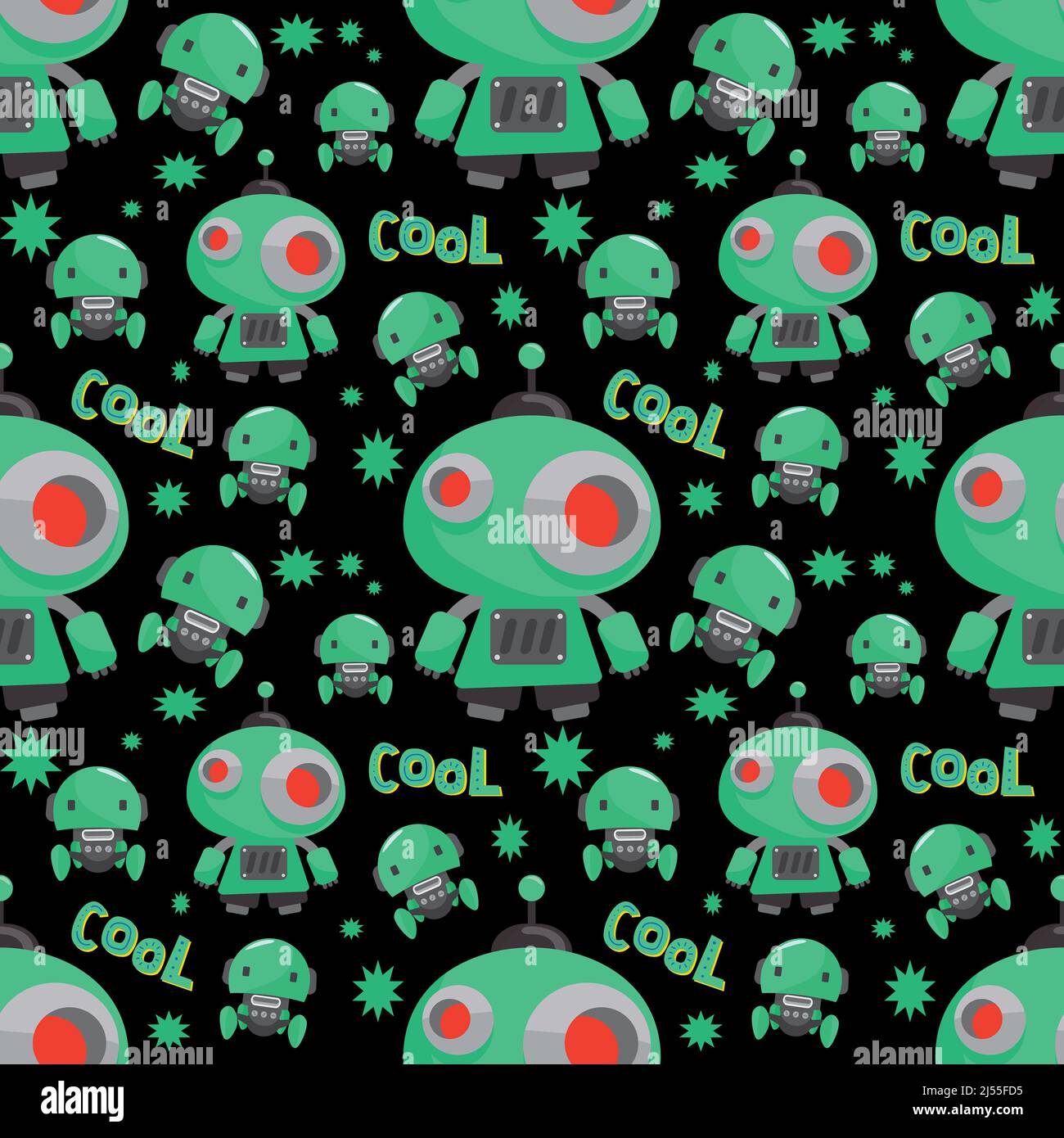 Little green robot repeat pattern on black background for robotics and technology lovers in this design element robot pattern. Stock Photo
