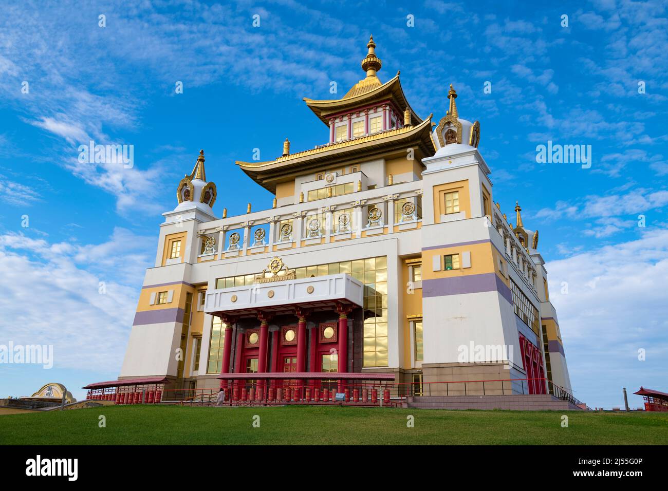 ELISTA, RUSSIA - SEPTEMBER 21, 2021: Buddhist temple 'Golden Abode of Buddha Shakyamuni' close-up against the blue sky Stock Photo