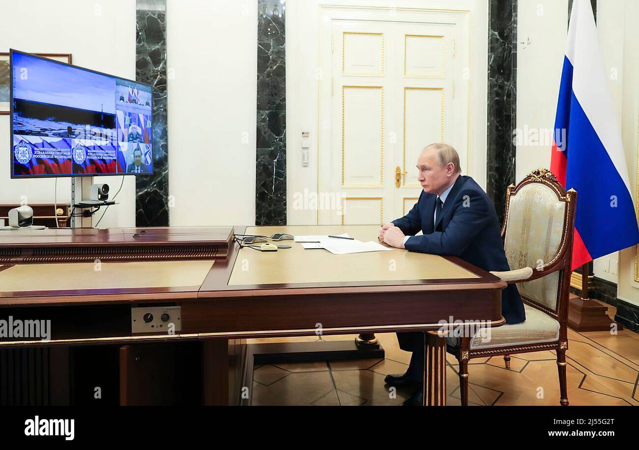 According to the Russian Presidential Press Office, Russia's President Vladimir Putin congratulates the defense ministry on the successful test launch of an RS-28 Sarmat intercontinental ballistic missile from the Plesetsk Cosmodrome in Arkhangelsk Region. PHOTO: The Russian Presidential Press and Information Office Stock Photo