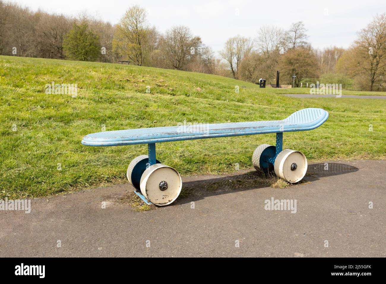 Newcastle-under-Lyme ,Staffordshire-united kingdom April, 11, 2022 Large boot litter bin and two large skateboard benches at Lyme valley parkway Stock Photo