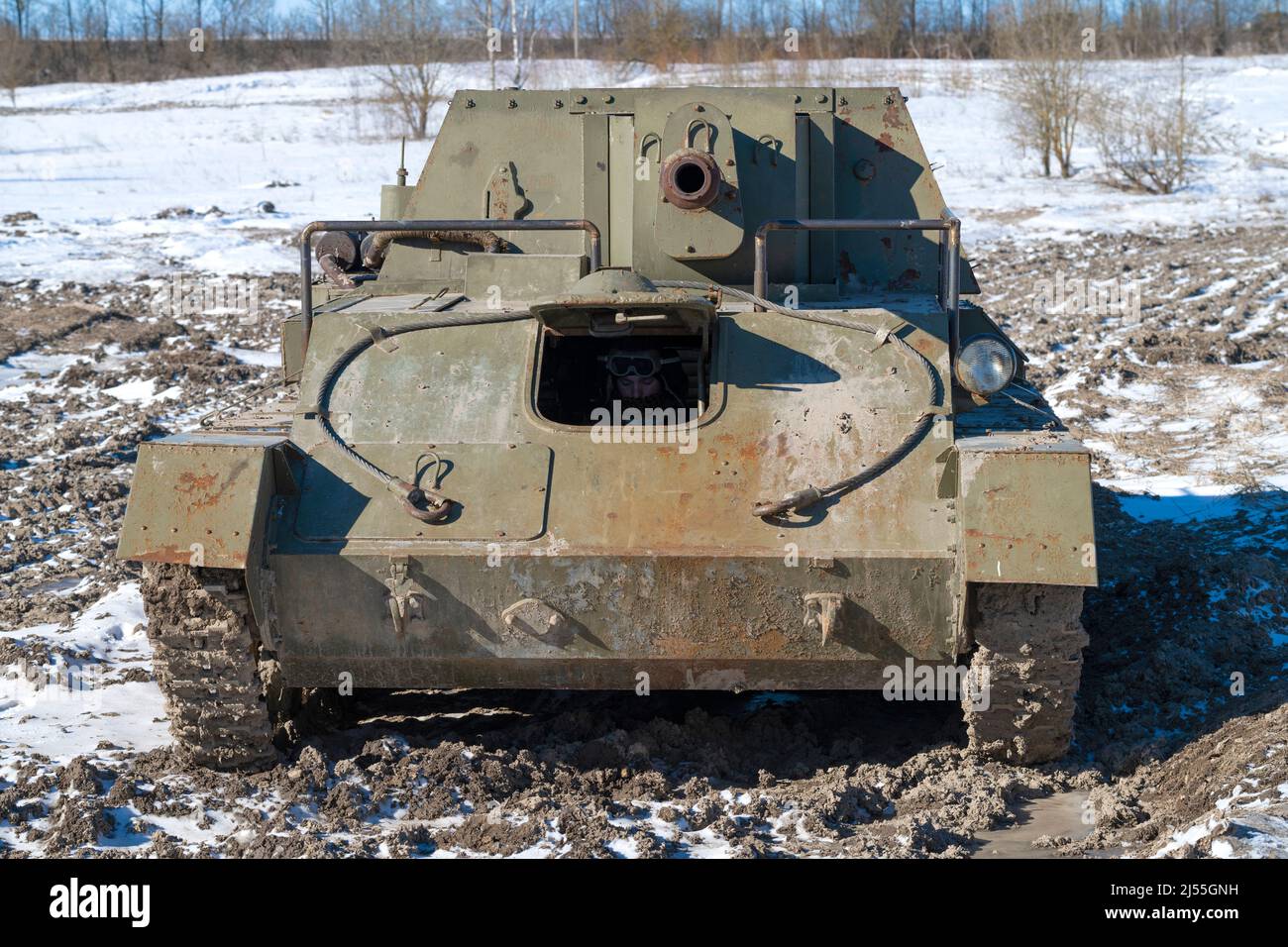 KRASNOYE SELO, RUSSIA - MARCH 27, 2022: Soviet self-propelled artillery installation SU-76 at a tank range. Front view. Military Patriotic Park Stock Photo
