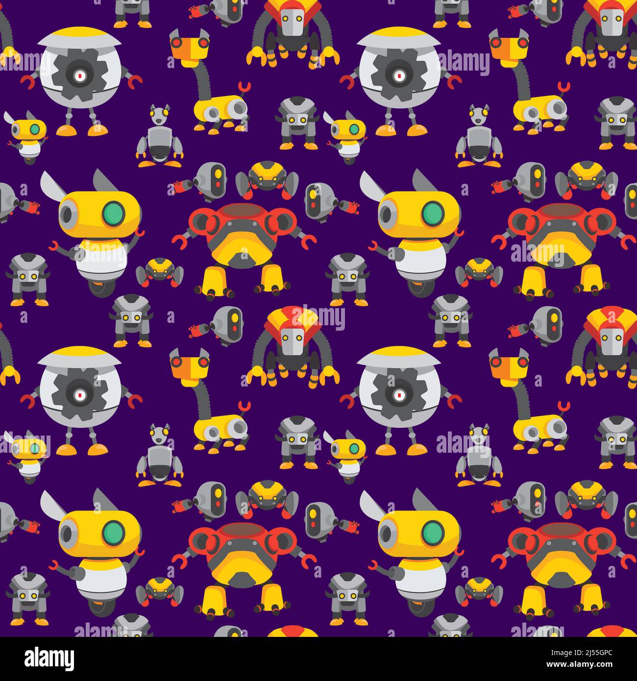 Robot repeating pattern purple background for robotics fans with cool little machines. Stock Photo