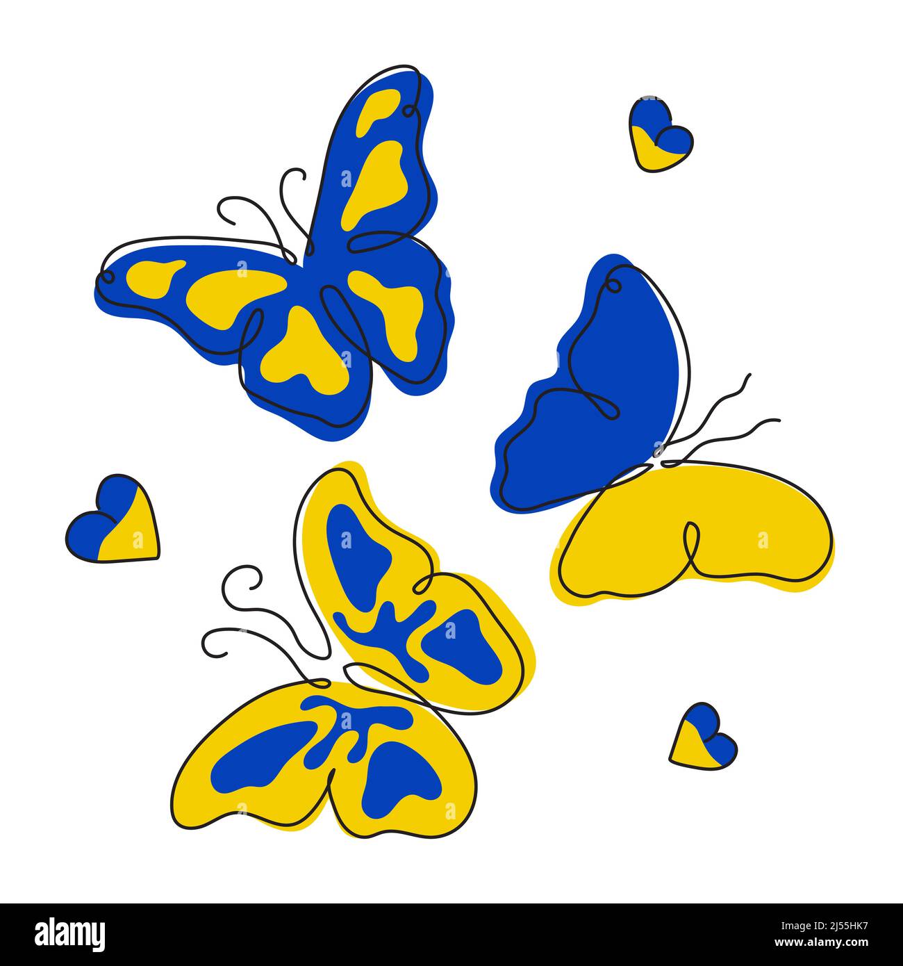 Vector illustration with butterflies and hearts in nationality Ukrainian flag color. Global politics, NO WAR, aggression problem picture in continuous Stock Vector