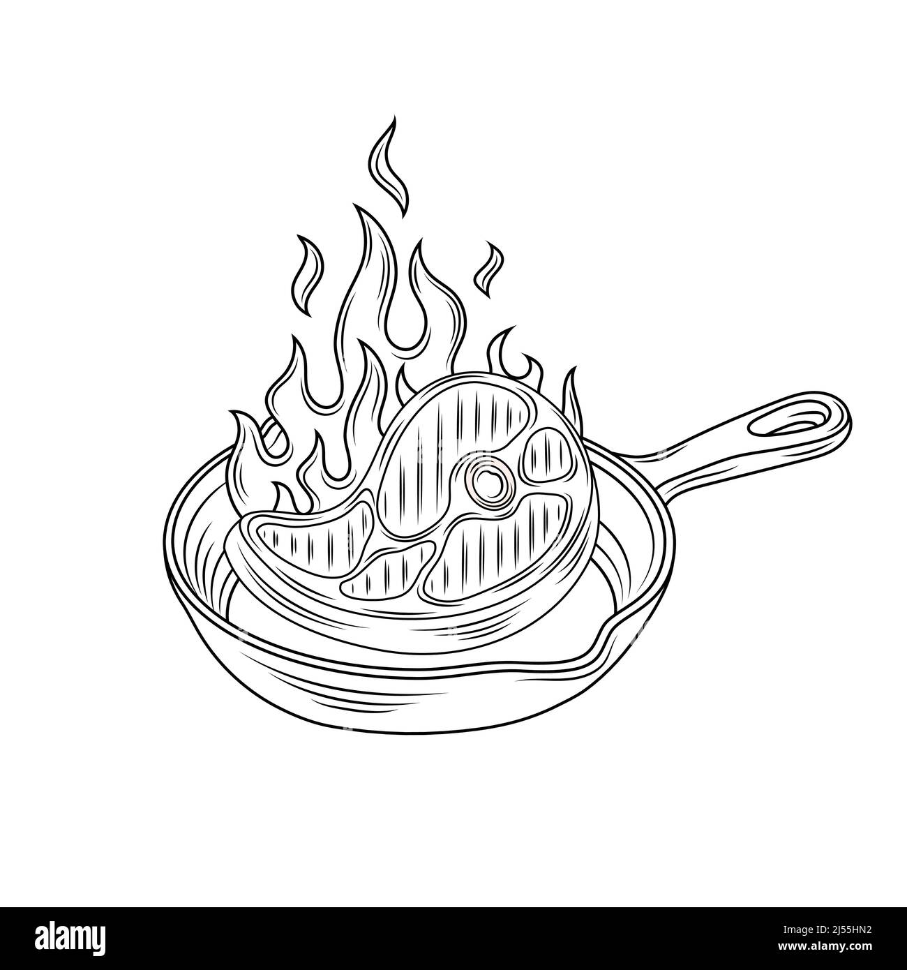https://c8.alamy.com/comp/2J55HN2/hot-pan-steak-with-meat-on-fire-sketch-2J55HN2.jpg