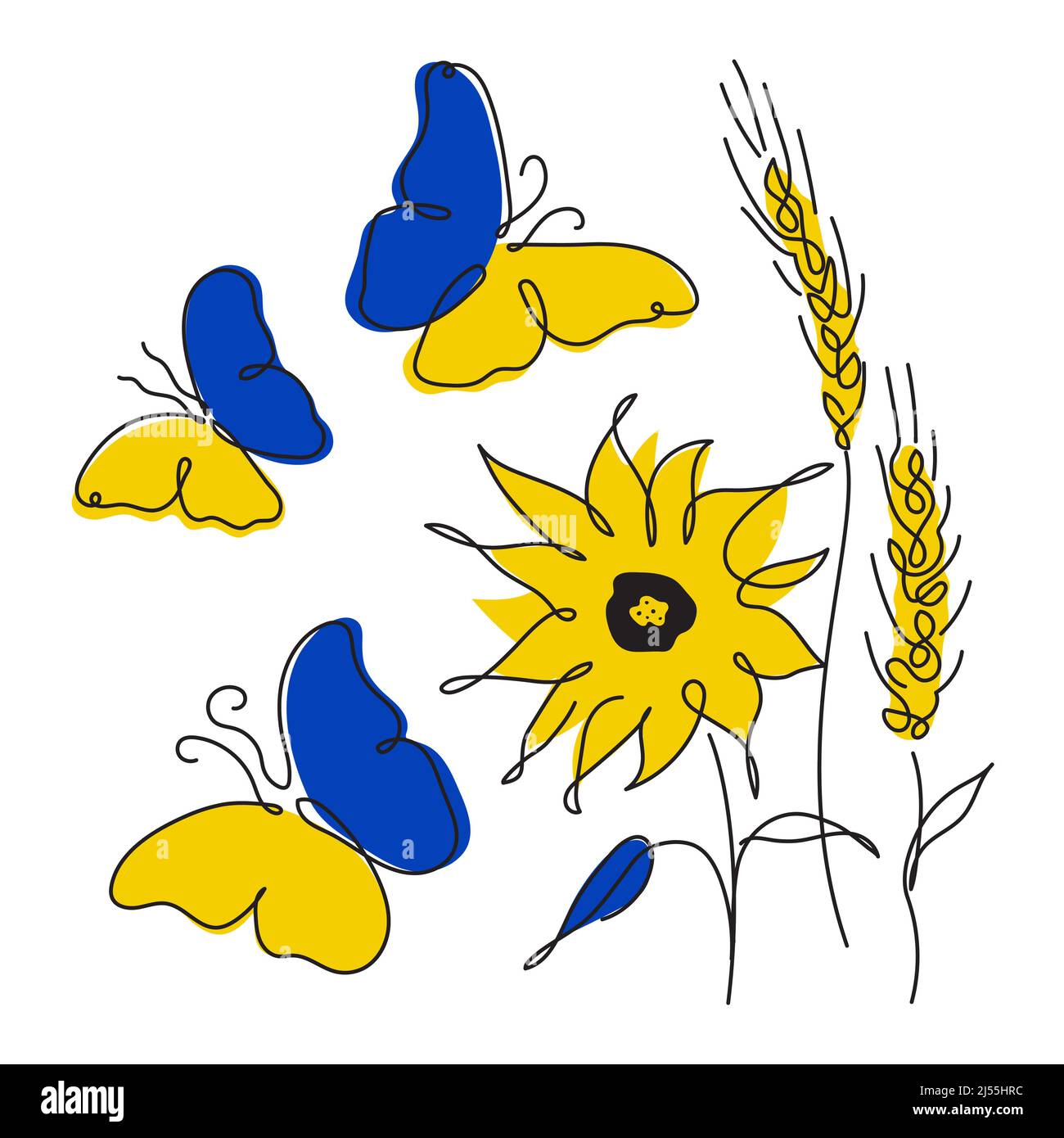 Vector illustration with butterflys, wheat and sunflower in nationality Ukrainian flag color. Global politics, NO WAR, aggression problem picture in Stock Vector