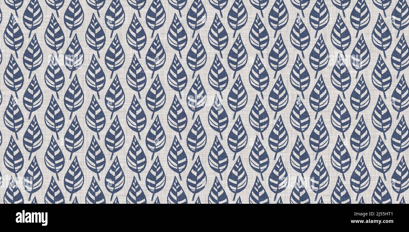 French blue botanical leaf linen seamless border with 2 tone country ...
