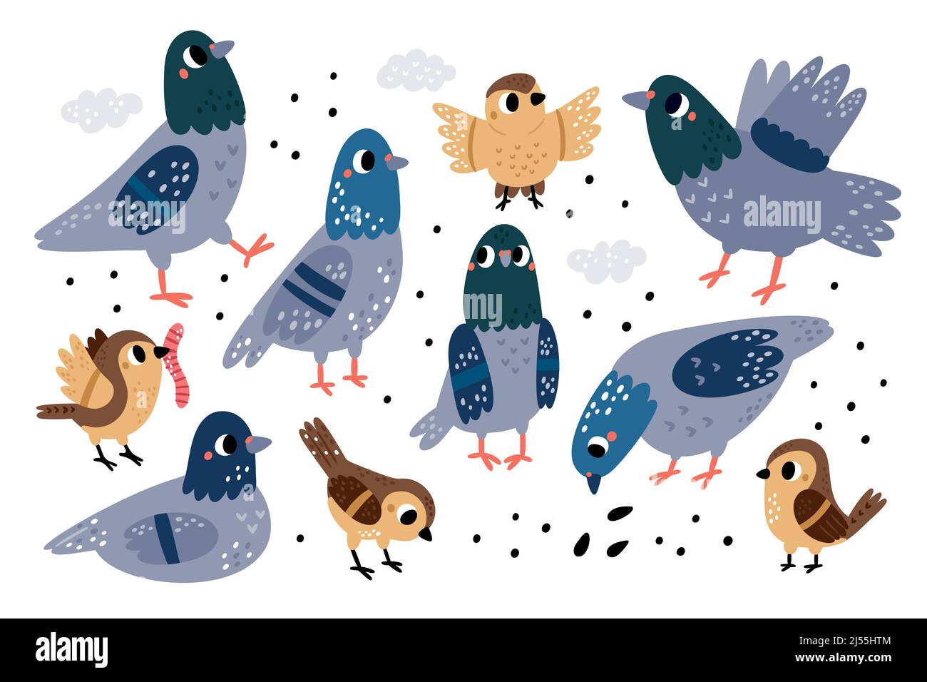 Cute city birds. Funny street sparrows and pigeons. Different poses and actions. Cartoon characters with wings and beaks. Doves pecking grains. Urban Stock Vector