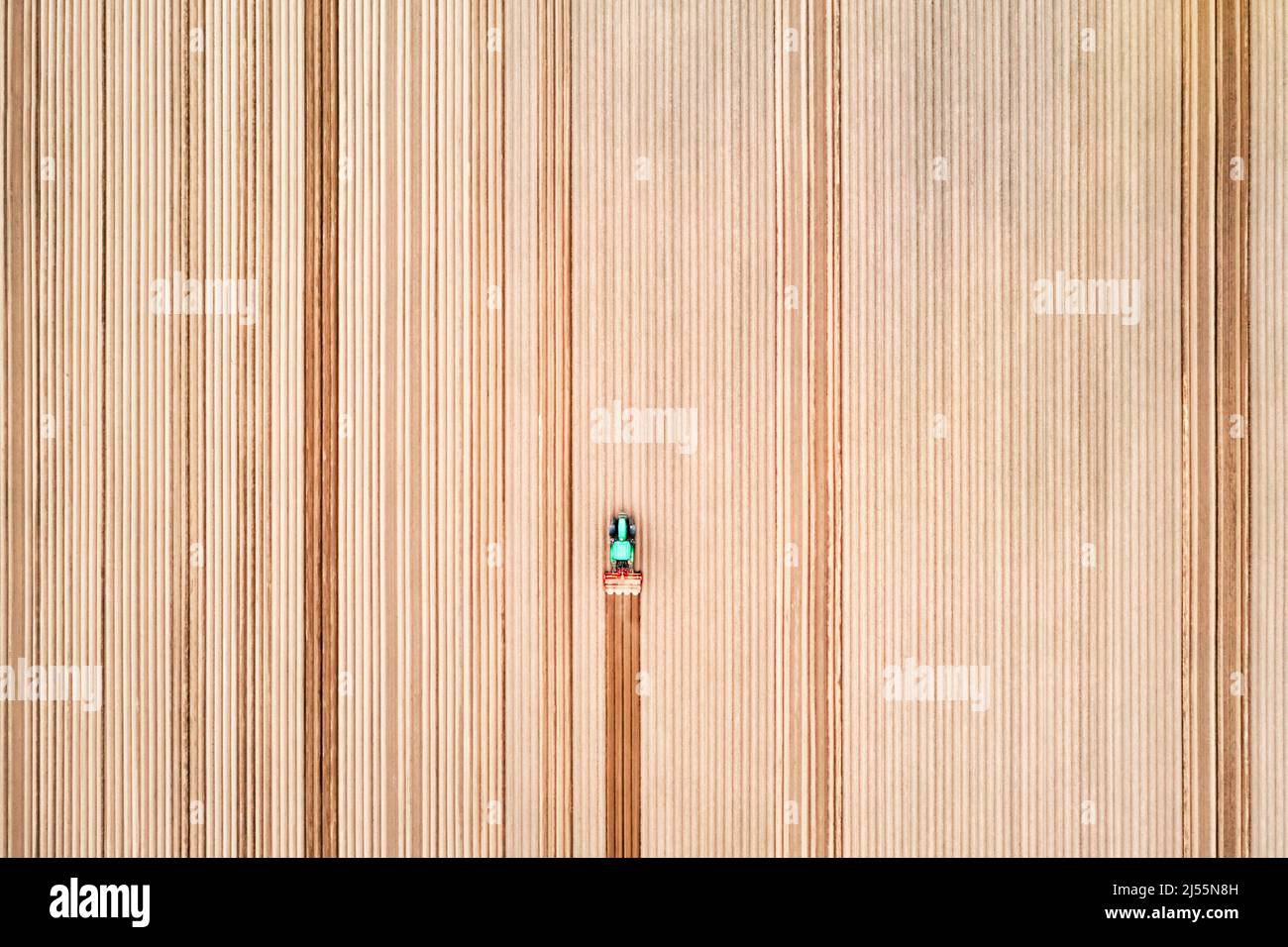 Lonely tractor on agricultural field with rows of plowed soil. Agricultural fields prepared for planting crops, topdown view. Industrial agriculture concept. Drone photography Stock Photo