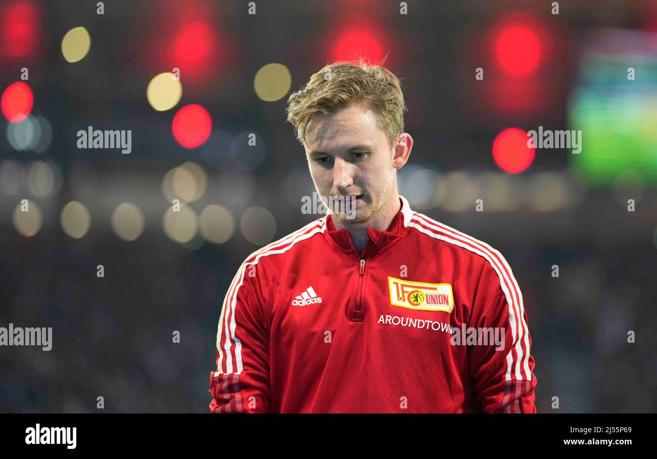 Red Bull Arena, Leipzig, Germany. 20th Apr, 2022. Frederik RÃ¶nnow of Union Berlin before RB Leipzig against FC Union Berlin, DFB-Pokal Semi-final at Red Bull Arena, Leipzig, Germany. Kim Price/CSM/Alamy Live News Stock Photo