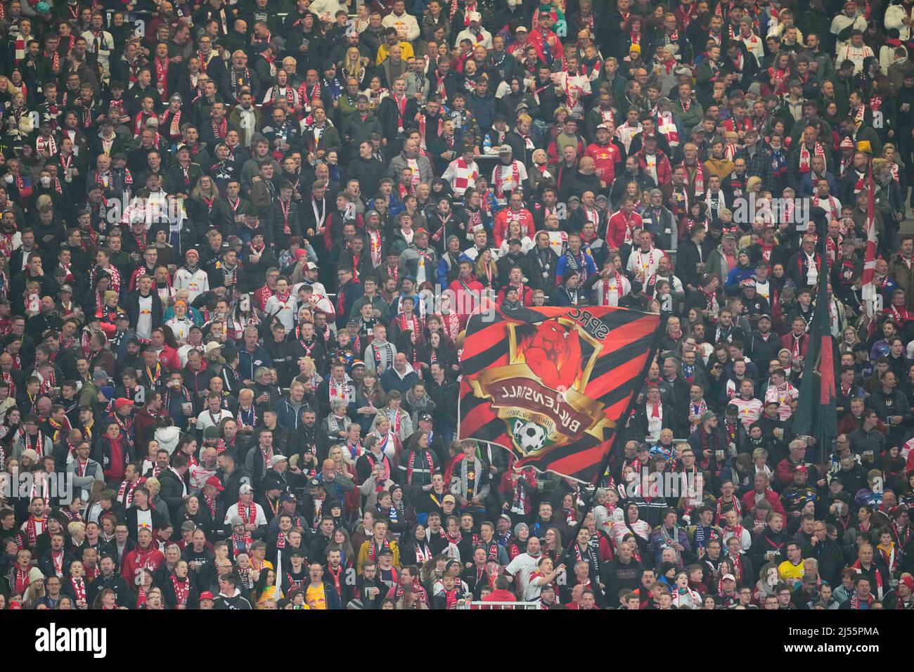 Red Bull Arena, Leipzig, Germany. 20th Apr, 2022. Fans before RB Leipzig against FC Union Berlin, DFB-Pokal Semi-final at Red Bull Arena, Leipzig, Germany. Kim Price/CSM/Alamy Live News Stock Photo