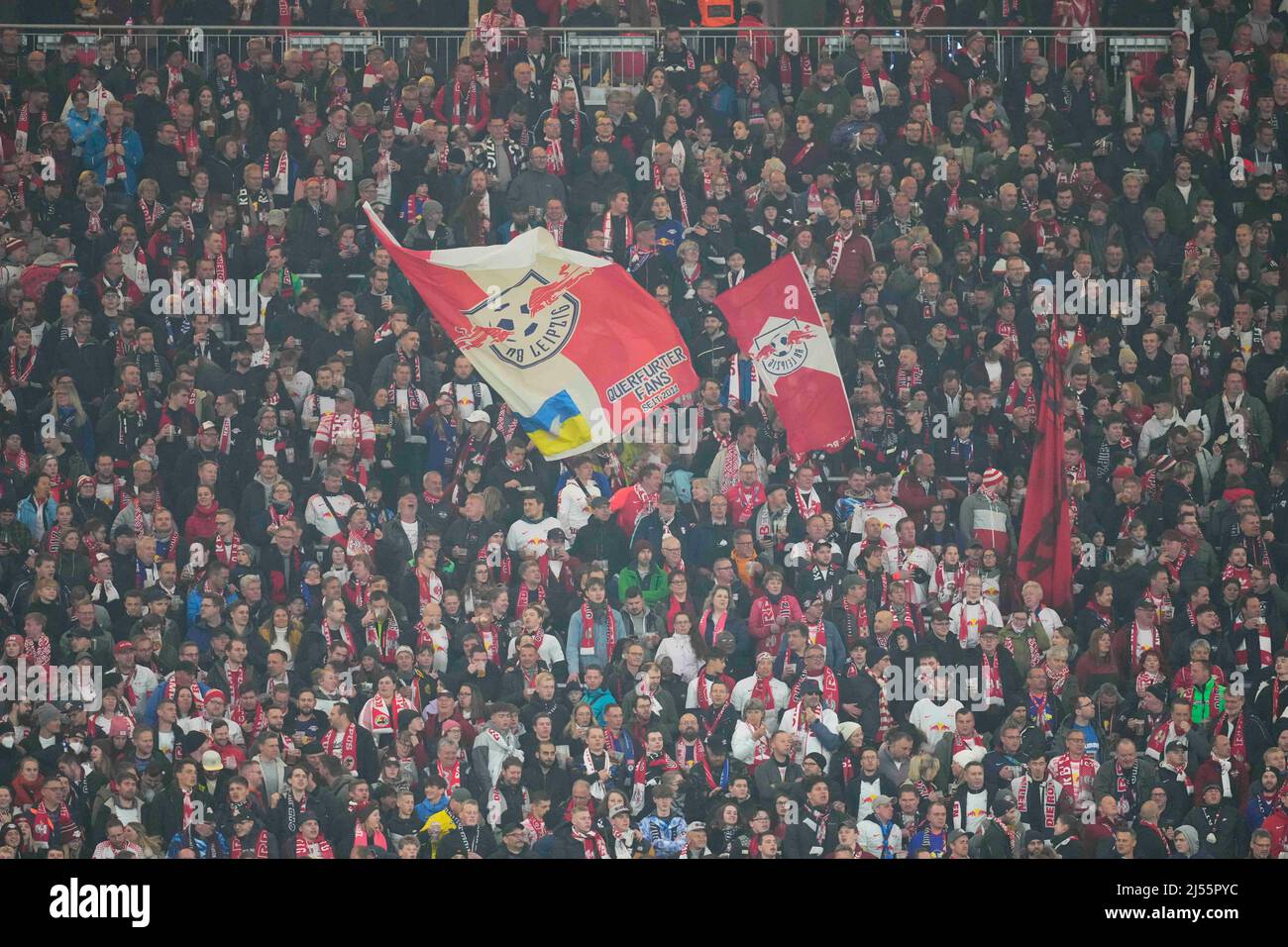 Red Bull Arena, Leipzig, Germany. 20th Apr, 2022. Fans before RB Leipzig against FC Union Berlin, DFB-Pokal Semi-final at Red Bull Arena, Leipzig, Germany. Kim Price/CSM/Alamy Live News Stock Photo