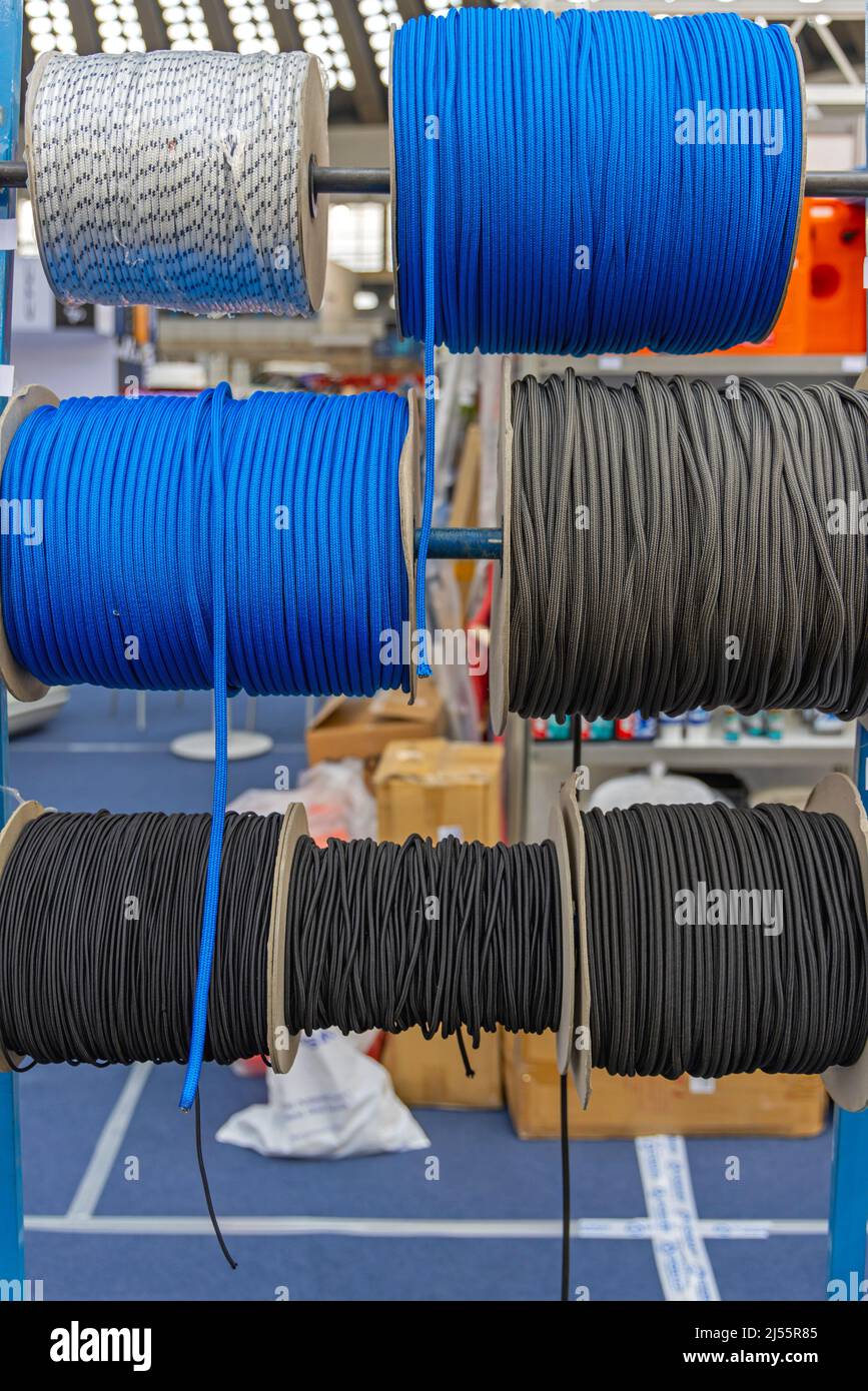 Many New Synthetic Nylon Ropes at Reels Rack Stock Photo - Alamy