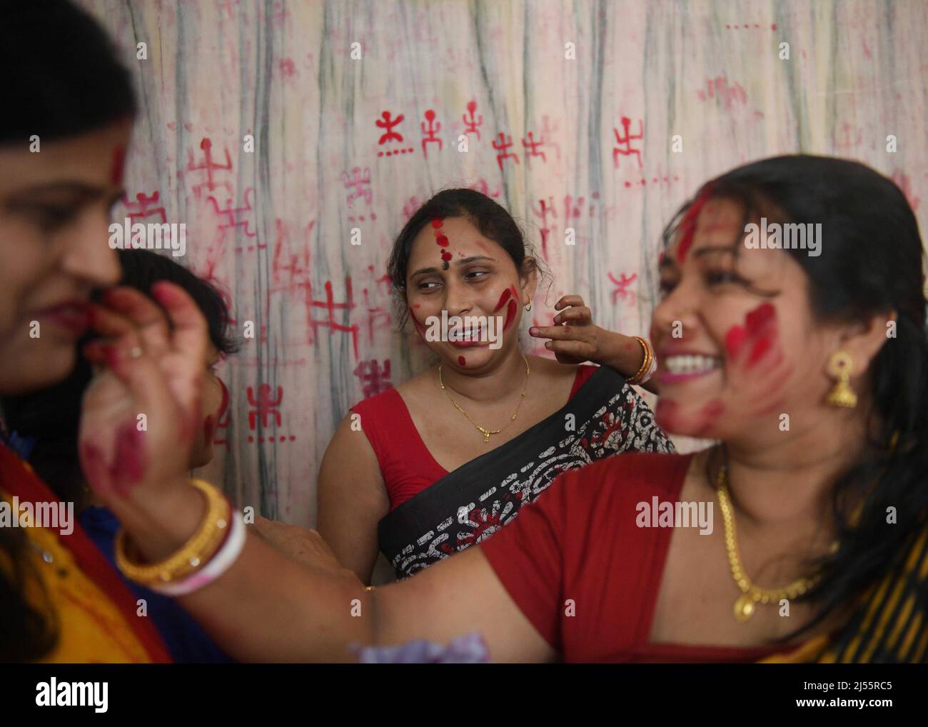 Sindhara Rituals Female devotees share Sindur, red holy powder with each other at the ...