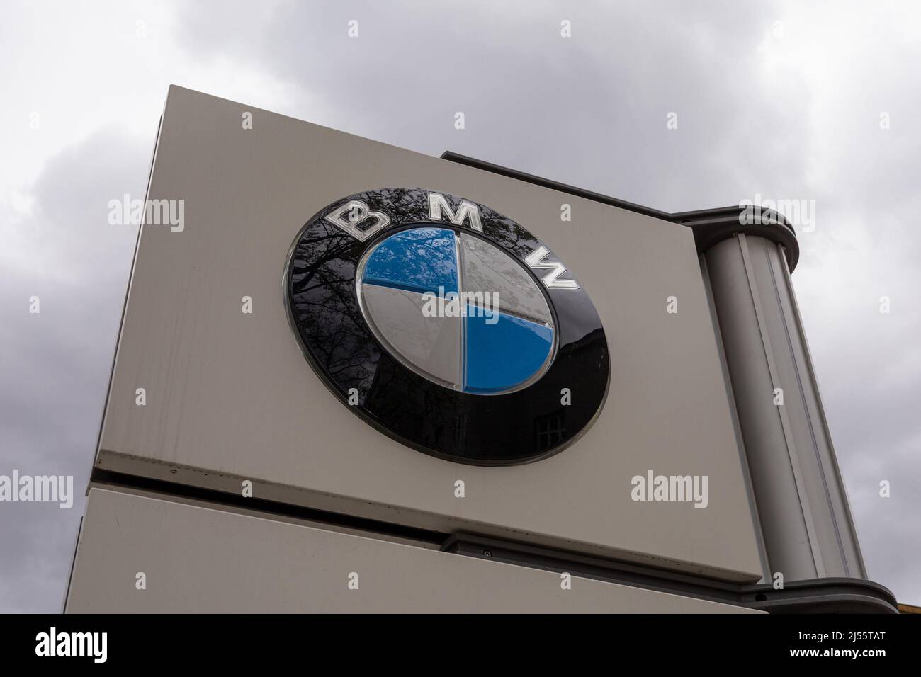 Prague, Czech Republic - April 7, 2022: BMW - Logo and brand of car manufacturer. Shallow focus. Stock Photo