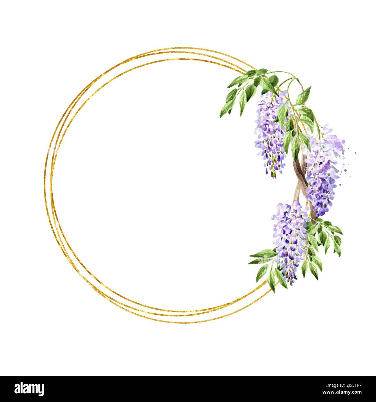 Wisteria flower card, Hand drawn watercolor  illustration isolated on white background Stock Photo
