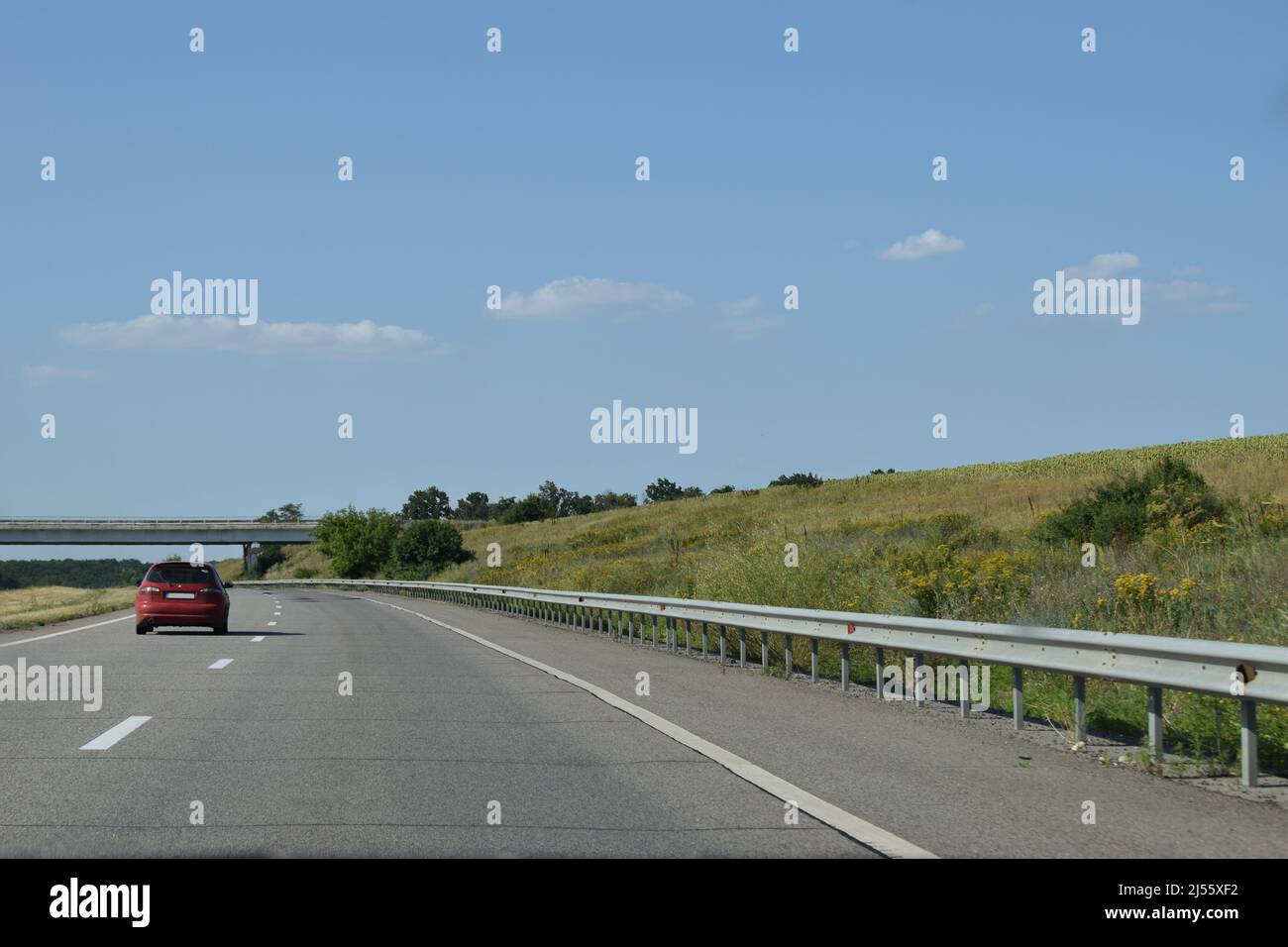 Cars drive on the highway, the road outside the city among the fields in summer. Highway road in the countryside, roadside and gray asphalt, green tre Stock Photo