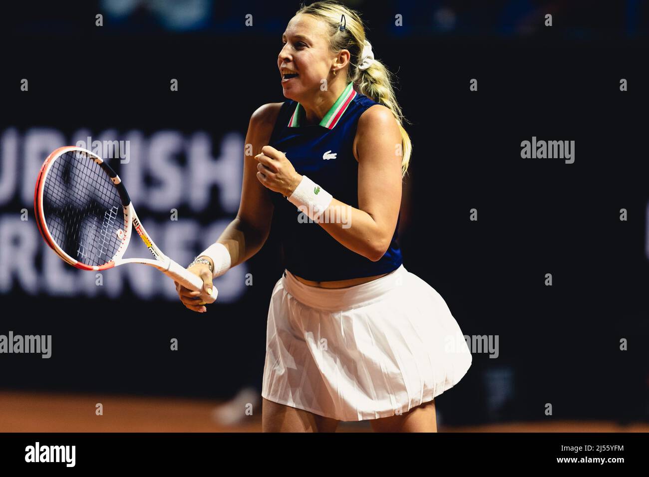 Stuttgart, Germany. 20th Apr, 2022. Anett Kontaveit of Estonia celebrates  match point in her 1st Round Singles match of the 2022 Porsche Tennis Grand  Prix against Angelique Kerber of Germany at the