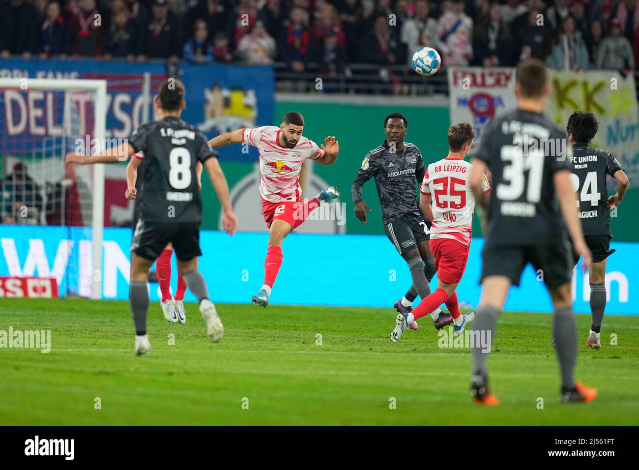 Red Bull Arena, Leipzig, Germany. 20th Apr, 2022. Josko Gvardiol of RB Leipzig heads during RB Leipzig against FC Union Berlin, DFB-Pokal Semi-final at Red Bull Arena, Leipzig, Germany. Kim Price/CSM/Alamy Live News Stock Photo