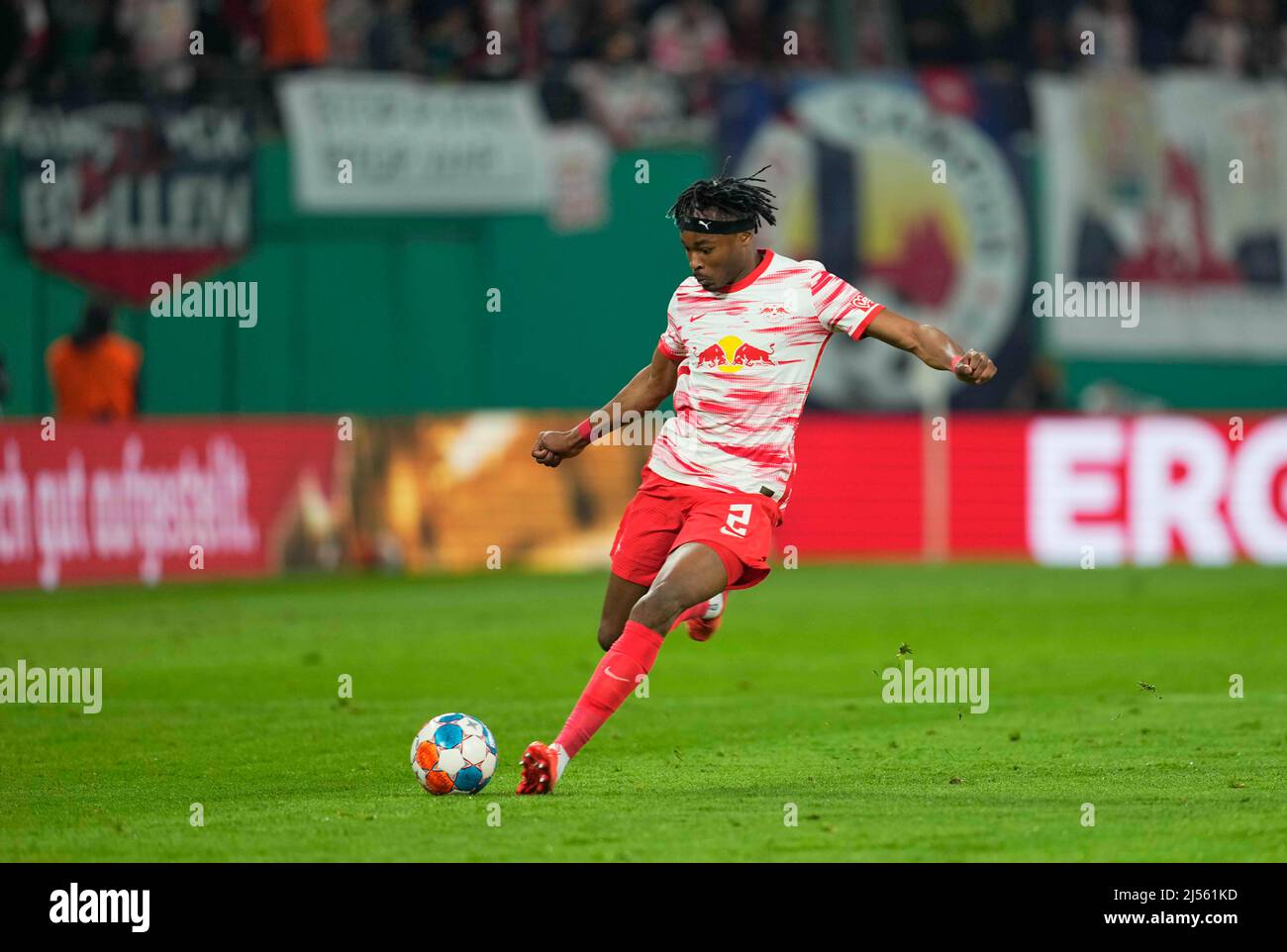 Red Bull Arena, Leipzig, Germany. 20th Apr, 2022. Mohamed Simakan of RB Leipzig shoots during RB Leipzig against FC Union Berlin, DFB-Pokal Semi-final at Red Bull Arena, Leipzig, Germany. Kim Price/CSM/Alamy Live News Stock Photo