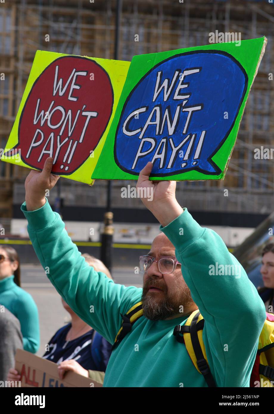 London, UK. 20th Apr, 2022. A protester holds placards expressing his opinion during the demonstration. Leaseholders held a protest in front of the Houses of Parliament, urging the government to protect tenants from paying to remove unsafe cladding as the Building Safety Act returns to the House of Commons. (Photo by Thomas Krych/SOPA Images/Sipa USA) Credit: Sipa USA/Alamy Live News Stock Photo