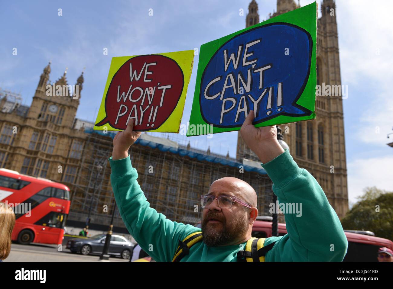 A protester holds placards expressing his opinion during the demonstration. Leaseholders held a protest in front of the Houses of Parliament, urging the government to protect tenants from paying to remove unsafe cladding as the Building Safety Act returns to the House of Commons. (Photo by Thomas Krych / SOPA Images/Sipa USA) Stock Photo