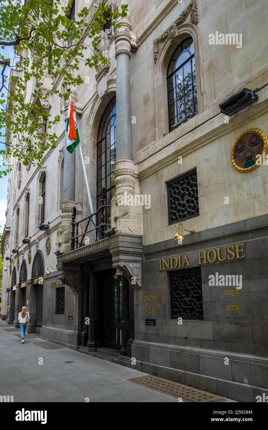 India House London. Houses the High Commission of India in London, the diplomatic mission of India in the United Kingdom. Opened 1930, Grade II listed. Stock Photo